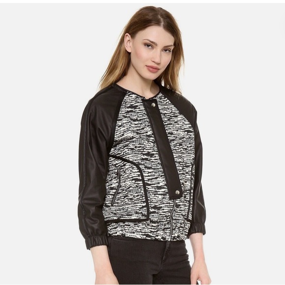 IRO Jett Zip Up BOUCLE tweed Leather Moto Jacket •34/XS black white marbled - Picture 2 of 9